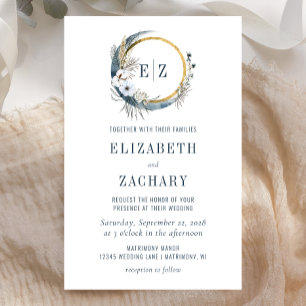 Boletim Azul Moon Monograma Convite para Casamento