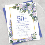 Boletim Branco Azul 50º Convite de Aniversário<br><div class="desc">As rosas brancas de cor aquosa bonito e as flores azuis estão aninhadas em folhas verdes escuras numa estrutura dourada.</div>