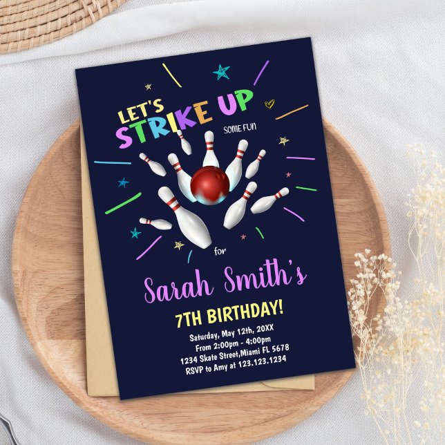 Boliche Azul Escuro Convites de Aniversário (Dark Blue Bowling Birthday Invitations)