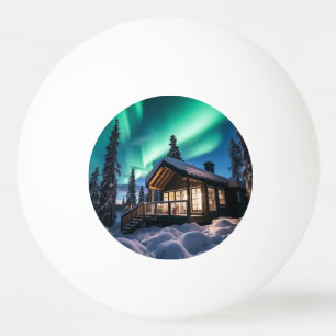Bolinha De Ping Pong Aurora borealis sobre a cabana de inverno