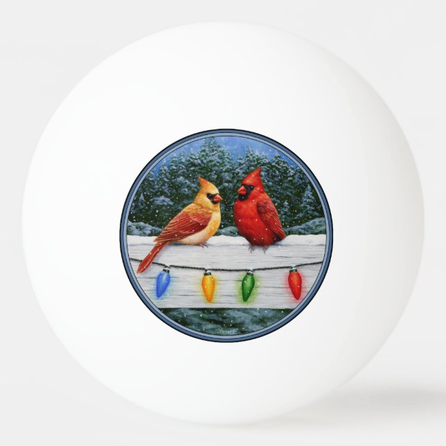 Bolinha De Ping Pong Aves Cardinais e Luzes de Natal (Frente)
