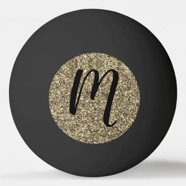 Bolinha De Ping Pong Brilho preto e Dourado Monogrammed elegante (Frente)
