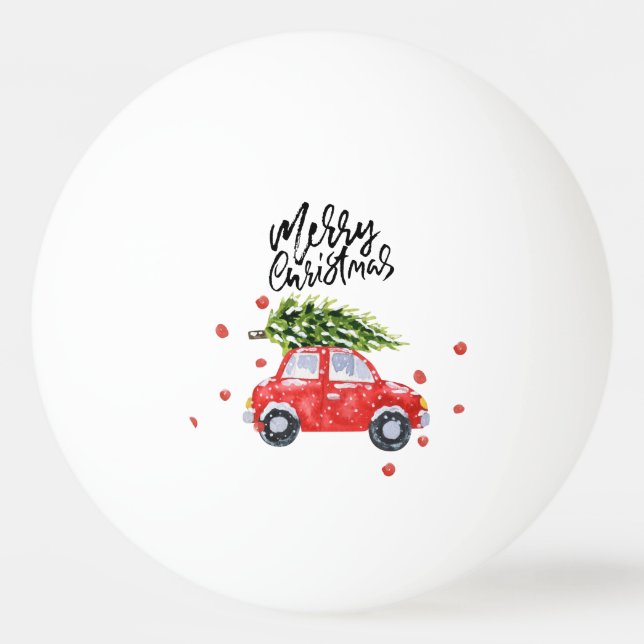Bolinha De Ping Pong Carro vermelho feliz de Natal com árvore de Natal (Frente)