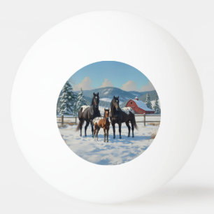 Bolinha De Ping Pong Cavalos de Appaloosa Pretos numa Fazenda no invern