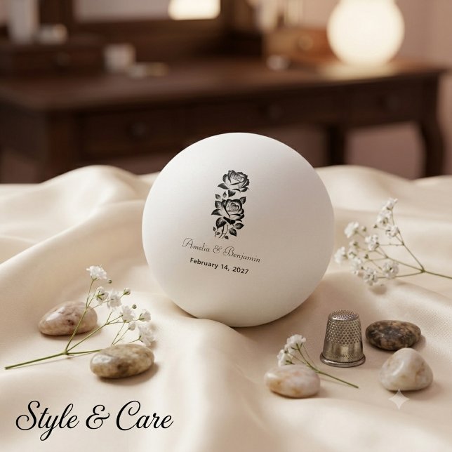 Bolinha De Ping Pong Data de Monograma Personalizado com Rosa Romântica (Custom Monogram Date with Rose Romantic Ping Pong Ball)
