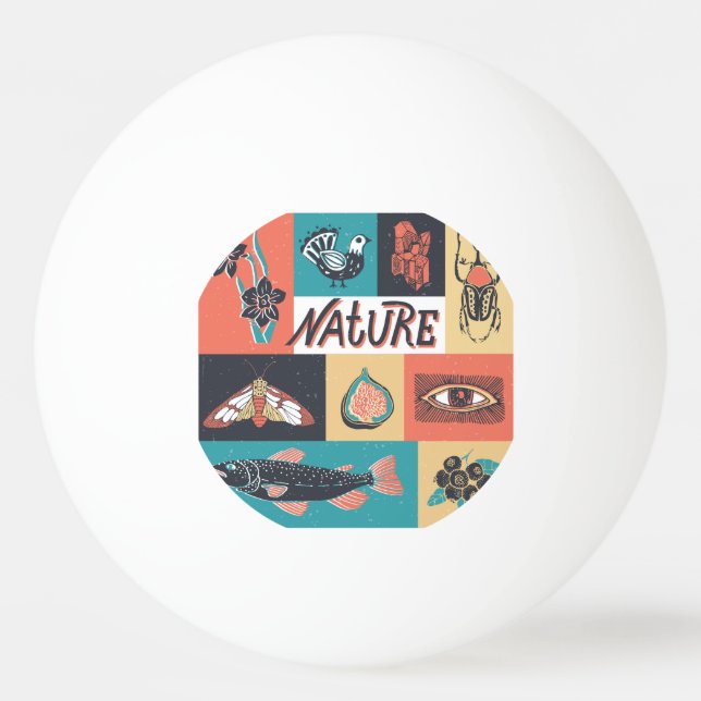 Bolinha De Ping Pong Elementos Natureza, Ícones de Estilo Retroativo. (Frente)