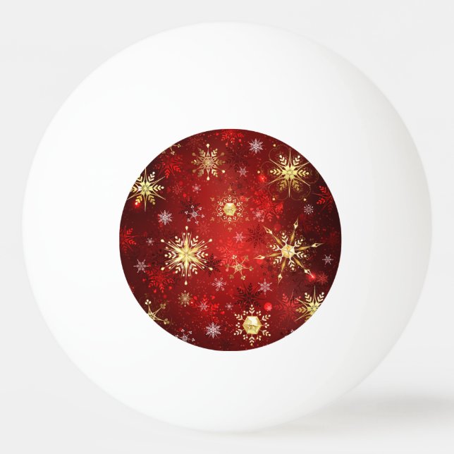 Bolinha De Ping Pong Flocos de neve do Ouro de Natal em Fundo Vermelho (Frente)