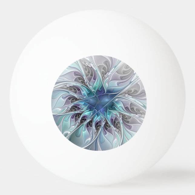 Bolinha De Ping Pong Florescer Fractal Floral Moderno Abstrato com Azul (Frente)