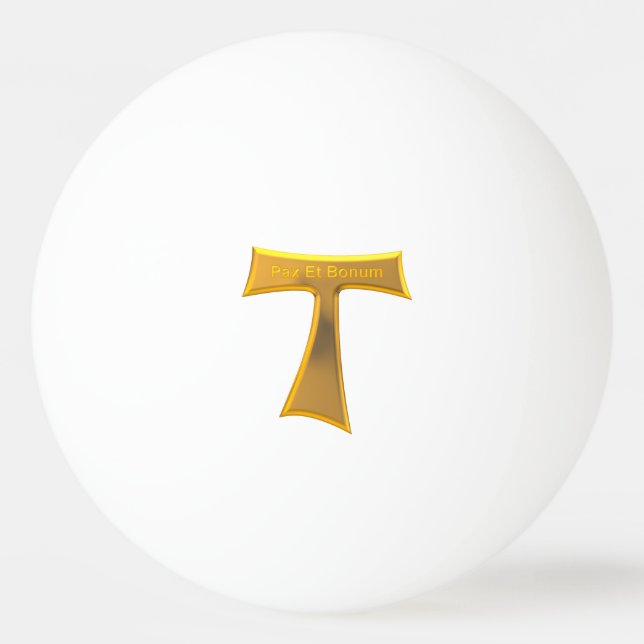 Bolinha De Ping Pong Franciscan Tau Cross Pax Et Bonum Dourado Metálico (Frente)