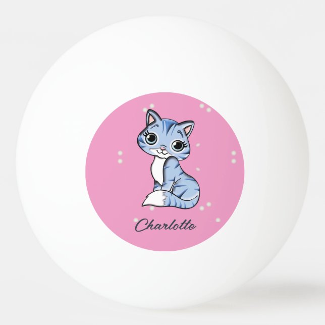 Bolinha De Ping Pong Gato azul bonito com nome personalizado rosa (Frente)