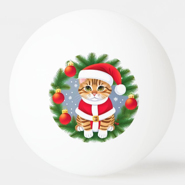 Bolinha De Ping Pong Gato Tabby Fofo com Roupa de Papai Noel (Frente)