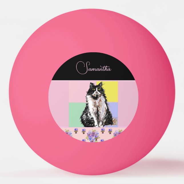 Bolinha De Ping Pong Gatos de Gato Tuxedo Meninas Rosa Pastel Personali (Frente)