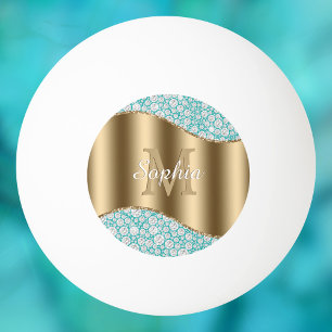 Bolinha De Ping Pong Glam Diamantes em Teal, Monograma Dourado, Nome do
