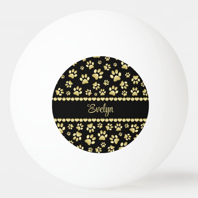 Bolinha De Ping Pong Golden Paw Prints on Black with Custom Name (Frente)
