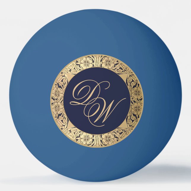 Bolinha De Ping Pong Marinho Elegante Monograma Rosas Dourados Blue Vin (Frente)