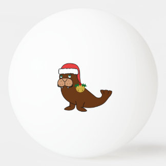 Bolinha De Ping Pong Morsa do Natal com papai noel chapéu & ouro Bell