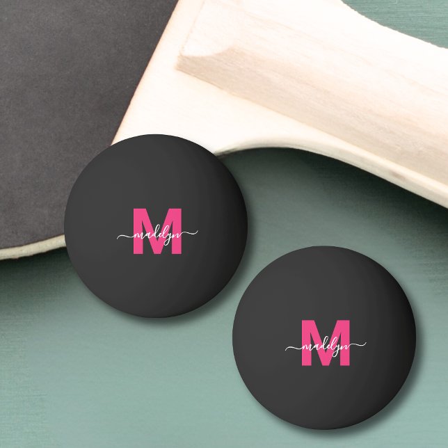 Bolinha De Ping Pong Nome inicial do Monograma Preto Rosa (Pink Black Monogram Initial Name Ping Pong Ball )
