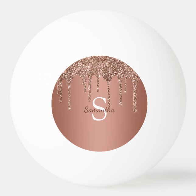 Bolinha De Ping Pong Nome Monograma com Gotas de Brilho em Dourado Rosa (Frente)