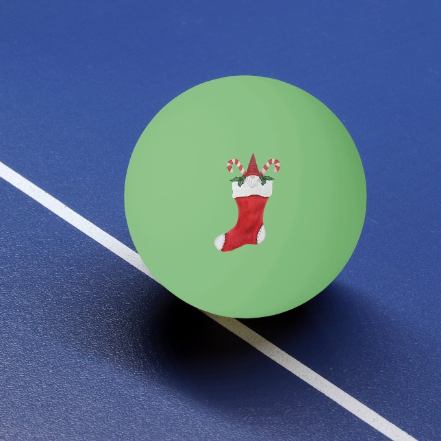 Bolinha De Ping Pong Pequeno Gnomo Canes de Natal Vermelho (Cute gnome in Christmas stocking with holly leaves, candy canes on green ping pong ball.)