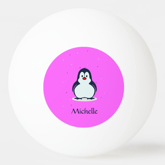 Bolinha De Ping Pong Pinguim fofo de nome personalizado a rosa (Frente)