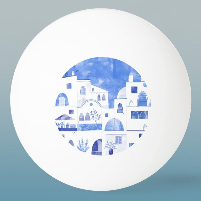 Bolinha De Ping Pong Santorini Oia Ilha Grega Watercolor (Oia Santorini blue and white watercolor art ping pong ball)