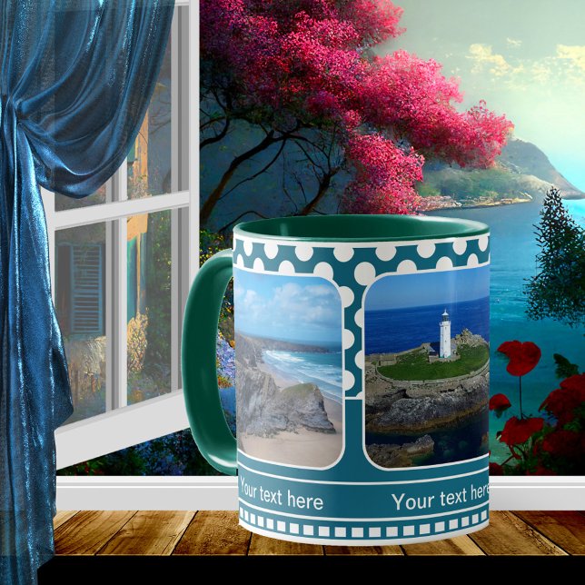 Bolinhas Azul na caneca de fotos (Retro blue teal photo mug with white polka dots )