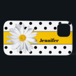 Bolinhas brancas e pretas, capas de iphone margari<br><div class="desc">Este padrão moderno e moderno de bolinhas preto e branco iPhone 13 tem uma banda amarela ouro brilhante nele e uma flor grande Shasta Daisy, juntamente com o texto modelo para personalizar com seu monograma, iniciais, nome ou outro texto. Perfeito para a jovem amável e divertida com a bunda. Se...</div>