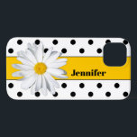 Bolinhas brancas e pretas, capas de iphone margari<br><div class="desc">Este padrão moderno e moderno de bolinhas preto e branco iPhone 13 tem uma banda amarela ouro brilhante nele e uma flor grande Shasta Daisy, juntamente com o texto modelo para personalizar com seu monograma, iniciais, nome ou outro texto. Perfeito para a jovem amável e divertida com a bunda. Se...</div>