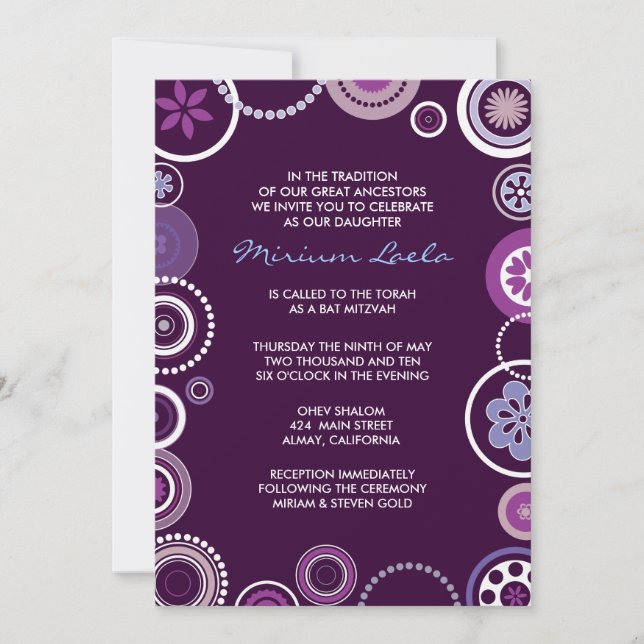 Bolinhas KRAZY Bat Mitzvah Convite Roxo (Frente)