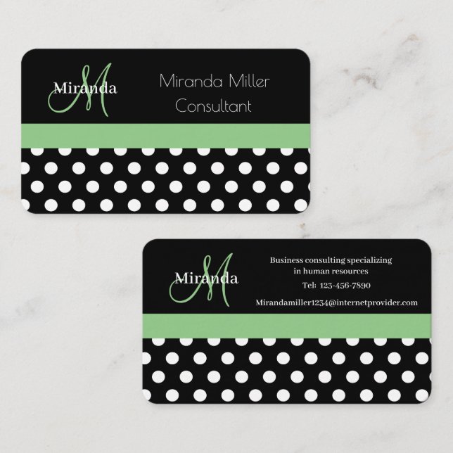 Bolinhas preto de Cartão de visita branco monogram (Frente/Verso)