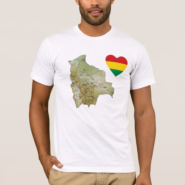 Bolívia Flag Heart and Map T-Shirt (Frente)