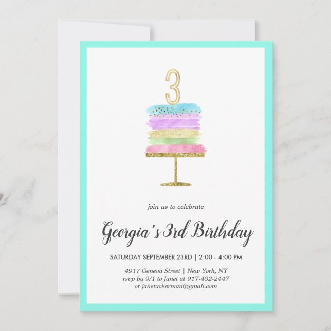 Bolo Arco-Íris | Convite de Aniversário de 3 anos (Frente)