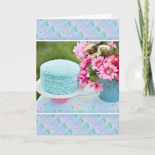 Bolo Azul E Cartão De Aniversário Para Flores