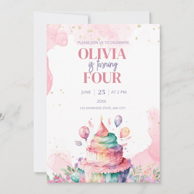 Bolo de Aniversário Arco-íris de Unicórnio Convite (Frente)