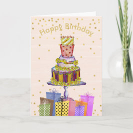 Bolo de aniversário divertido e apresenta cartão d