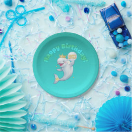Bolo de Aniversário Feliz Beluga 7" Prato de Papel