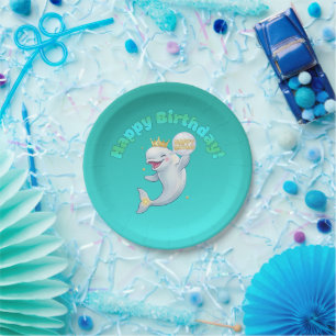 Bolo de Aniversário Feliz Beluga 7" Prato de Papel