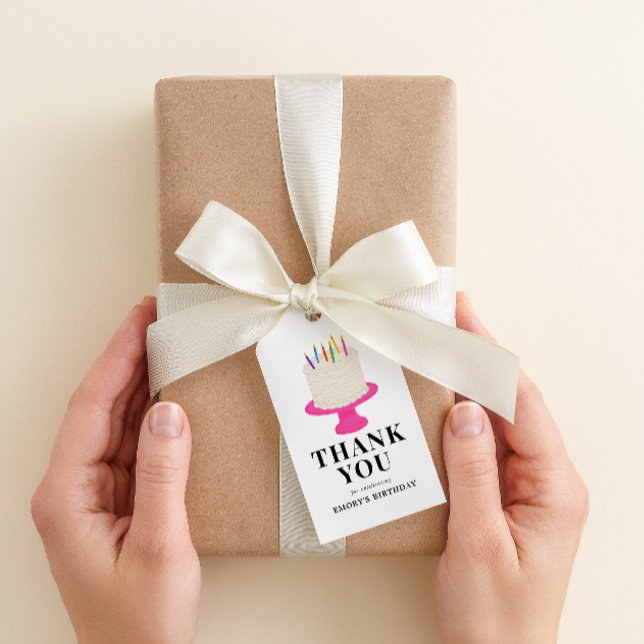 Bolo de Aniversário Obrigado Etiqueta do Presente (pink cake stand birthday thank you favor tag)