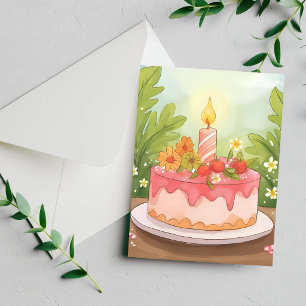 Bolo de Aniversário Rosa Cartão Feliz Aniversári