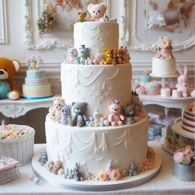 BOLO DE CAMADAS BRANCO FESTIVO DECORADO COM BRINQU (Cute Teddy Bear Layer Cake Baby Shower Invitation)