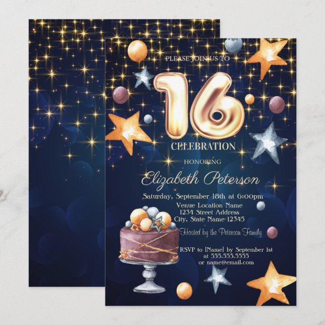Bolo de Estrelas Azul Marinho Convite Sweet 16 (Frente/Verso)