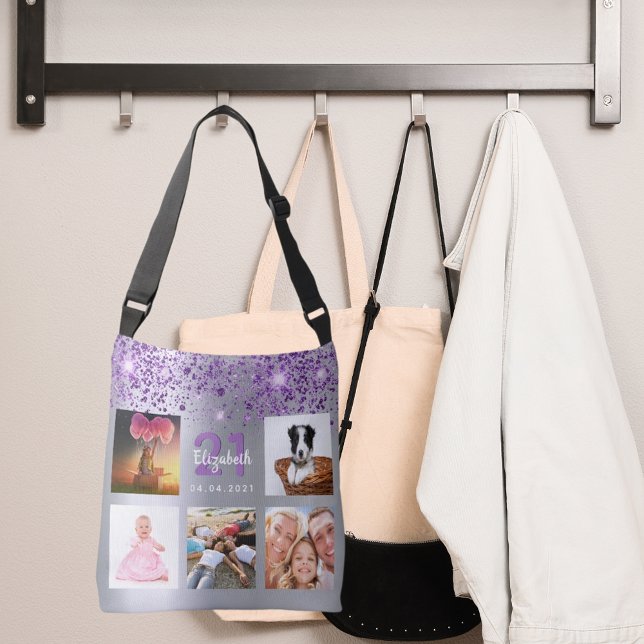 Bolsa Ajustável Aniversário do nome da colagem de fotos com brilho (Criador carregado)