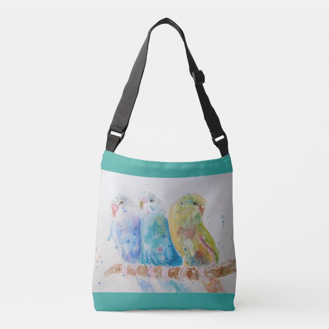 Bolsa Ajustável Aqua Budgie Birds Branch Watercolor Bag Crossbody (Frente)