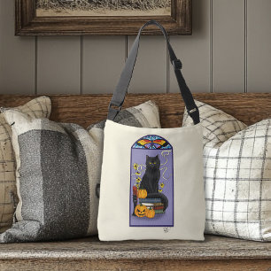 Bolsa Ajustável Art Nouveau Gato Preto Abóbora Roxo Outono Amarelo