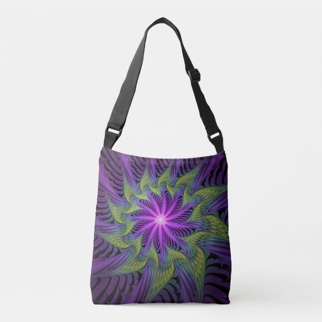 Bolsa Ajustável Arte abstrata fractal moderna flor roxa verde (Frente)