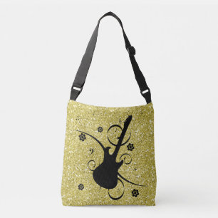 Bolsa Ajustável Artsy Black Guitar e Flores Douradas Faux Glitter