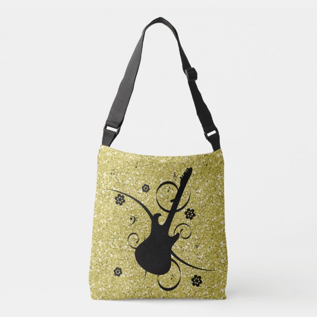 Bolsa Ajustável Artsy Black Guitar e Flores Douradas Faux Glitter (Frente)