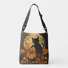 Bolsa Ajustável Assombrando Gato Negro em Pumpkin com Lua e Morceg