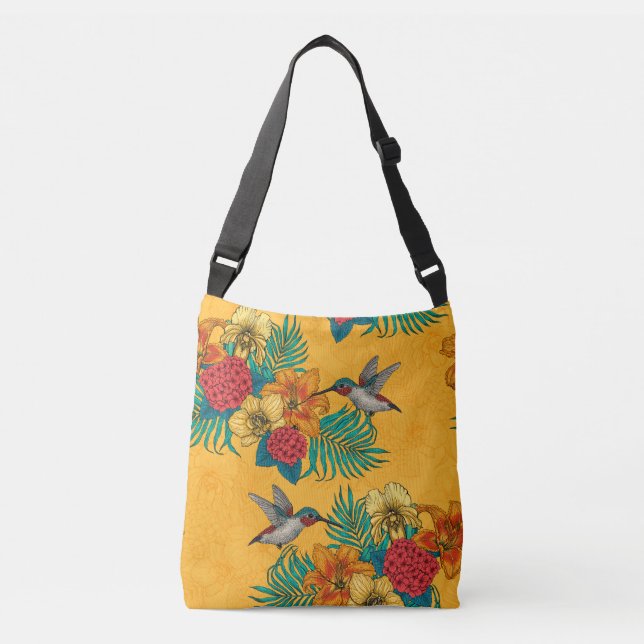 Bolsa Ajustável Aves e buquês tropicais em amarelo (Frente)