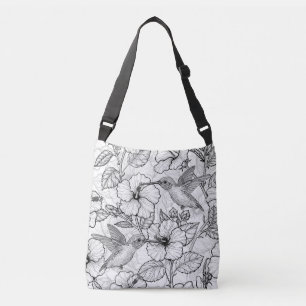 Bolsa Ajustável Aves e flores de hibisco b&w
